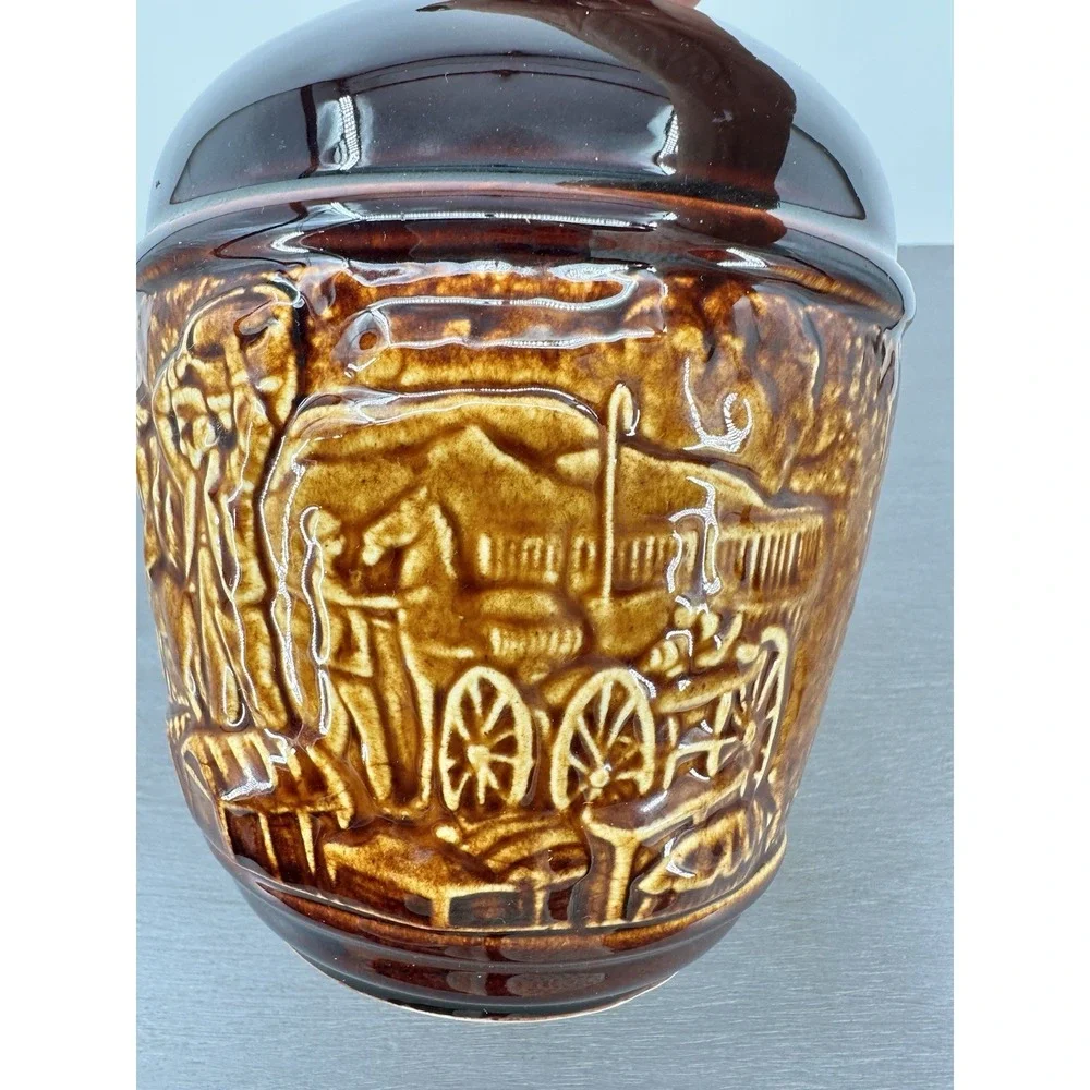 Vintage Kentucky Empty Whiskey Bottle with Bas Relief Pottery Locomotive Scene